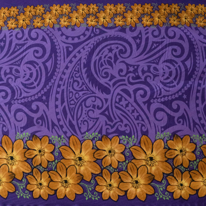 Traditional Polynesian Tattoo Tropical Flowers Double Border | Polyester Fabric Purple