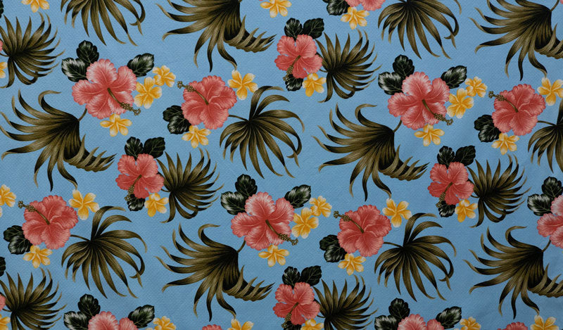 Hibiscus Plumerias Palm & Elephant Ear leaves | Upholstery Fabric Blue