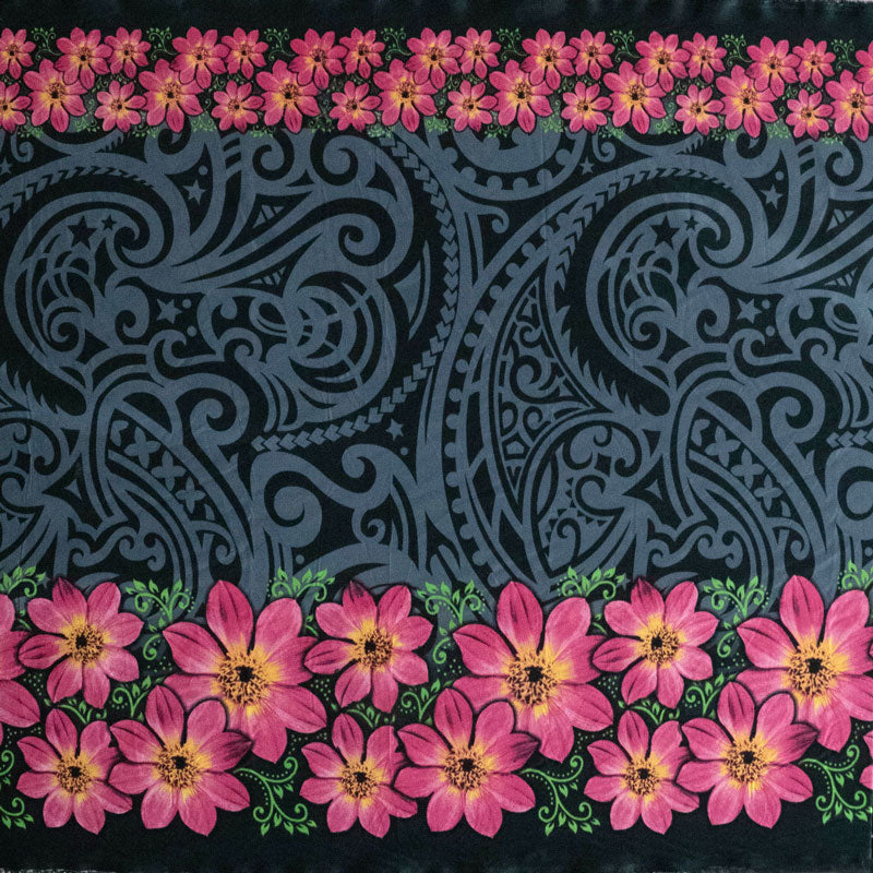 Traditional Polynesian Tattoo Tropical Flowers Double Border | Polyester Fabric Black