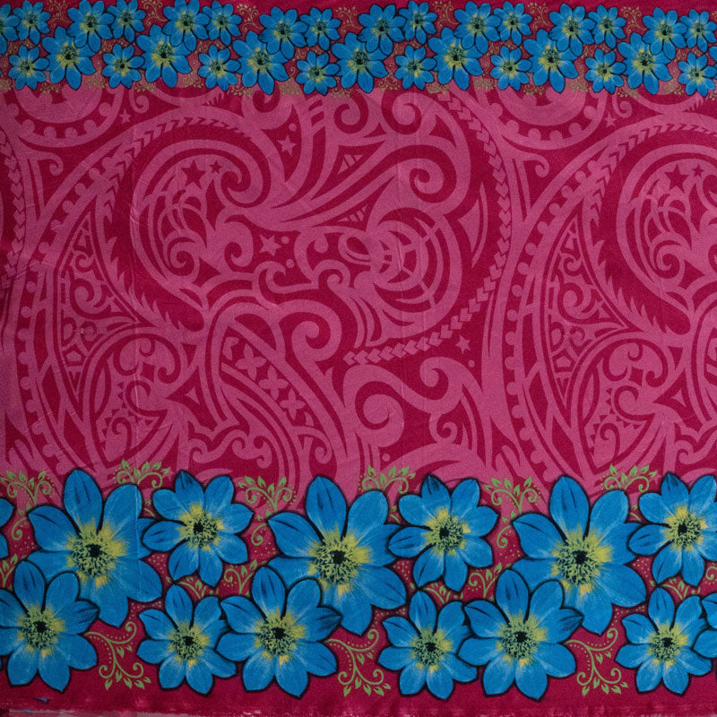 Traditional Polynesian Tattoo Tropical Flowers Double Border | Polyester Fabric Fuschia