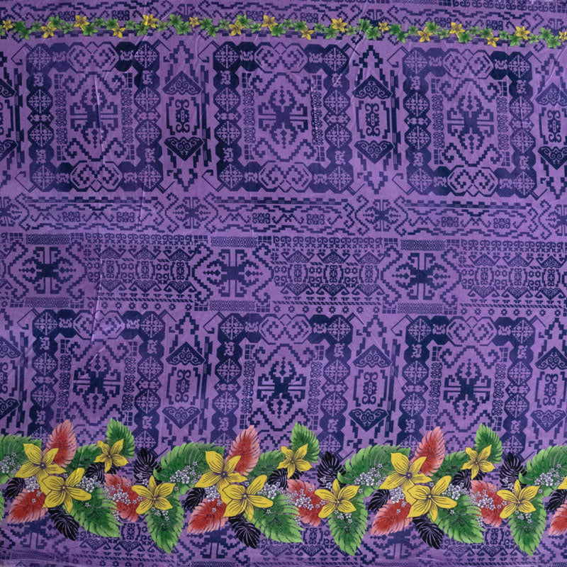 Tropical Flowers and Leaves Double Border | Peachskin Fabric Purple