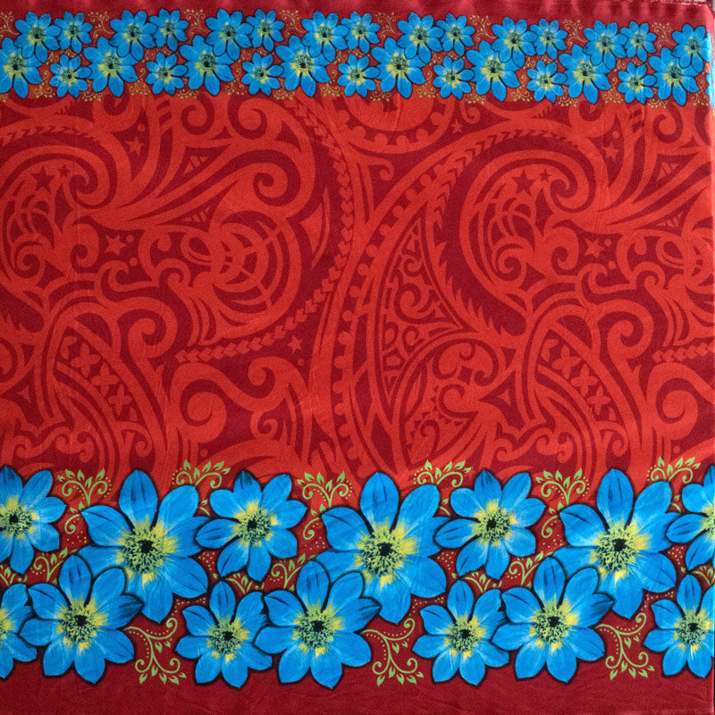 Traditional Polynesian Tattoo Tropical Flowers Double Border | Polyester Fabric Red
