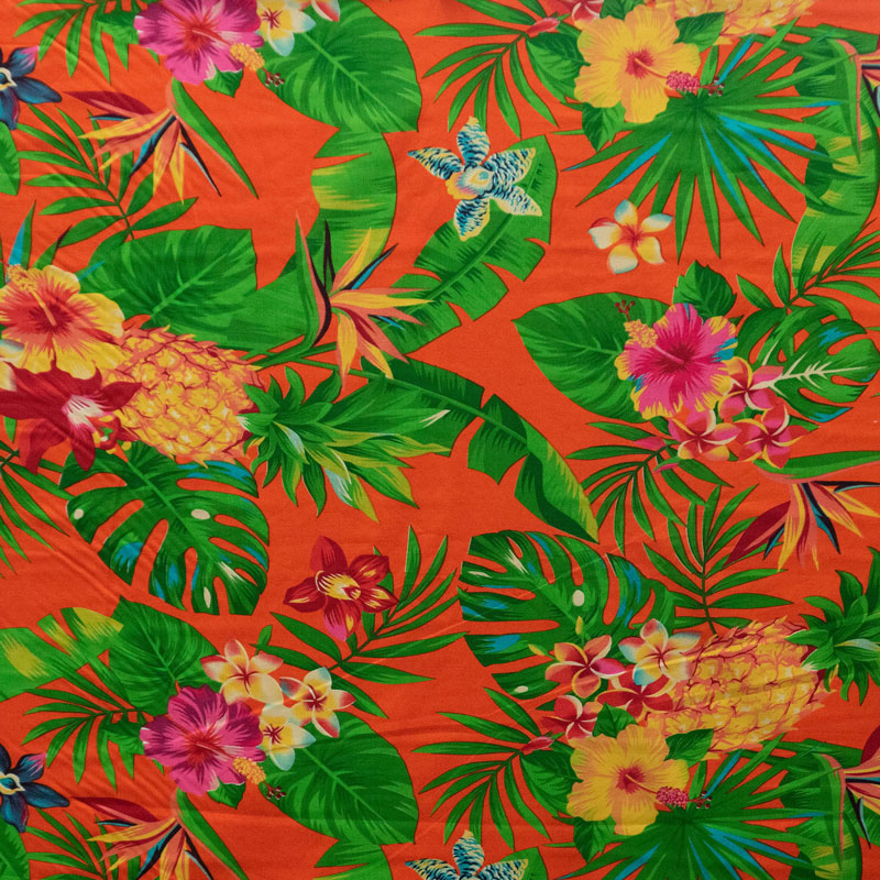 Pineapple/Tropical Flowers & Leaves | Cotton Fabric Orange