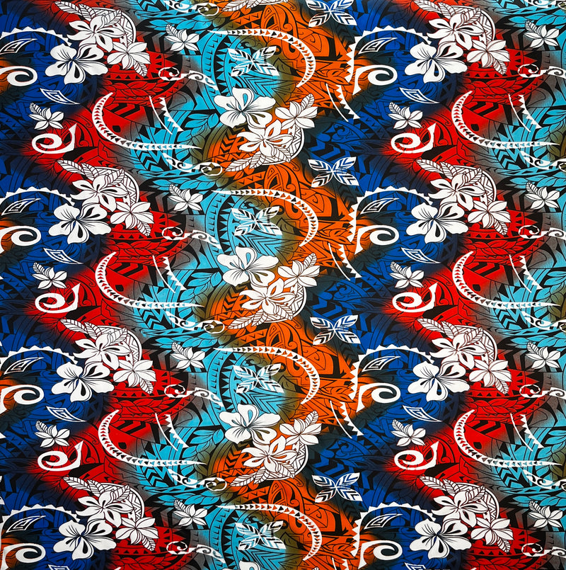 Multicolored Traditional Tattoo & Plumeria design Fabric  | Polyester