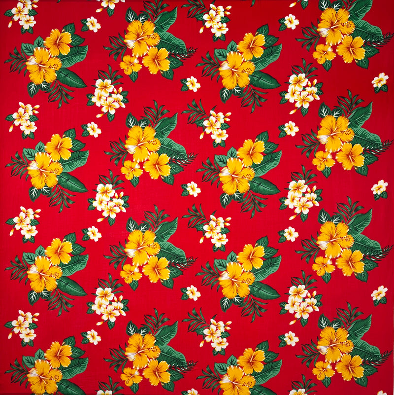Hibiscus Plumeria & Tropical Leaves clusters Fabric  | Rayon