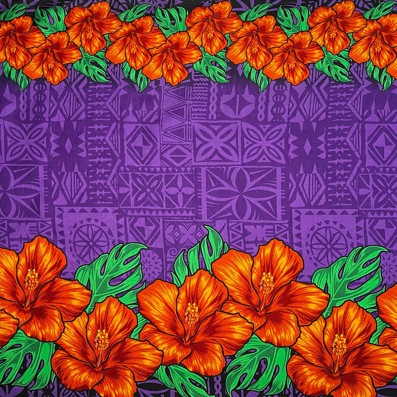 Tapa Hibiscus Flowers Double Border Fabric | Cotton Poplin