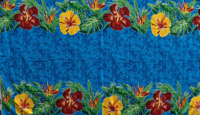 Hibiscus & Tropical Leaves Double Border | Polyester Fabric Turquoise