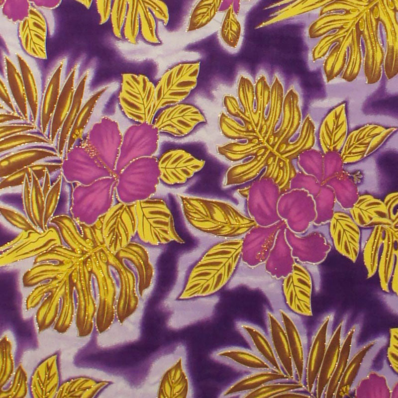 Hibiscus Plumeria Banana Leaves Palm Leaves | Glitter Polyester Fabric Purple