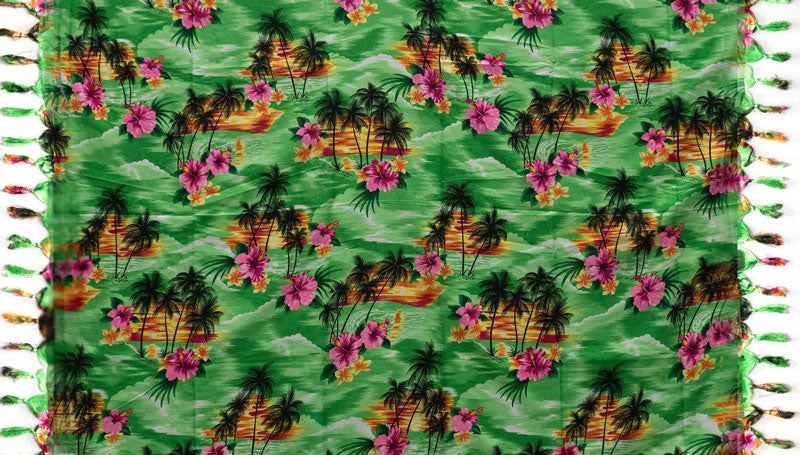 Island/Plumeria/Hibiscus Sarong with Fringes Green