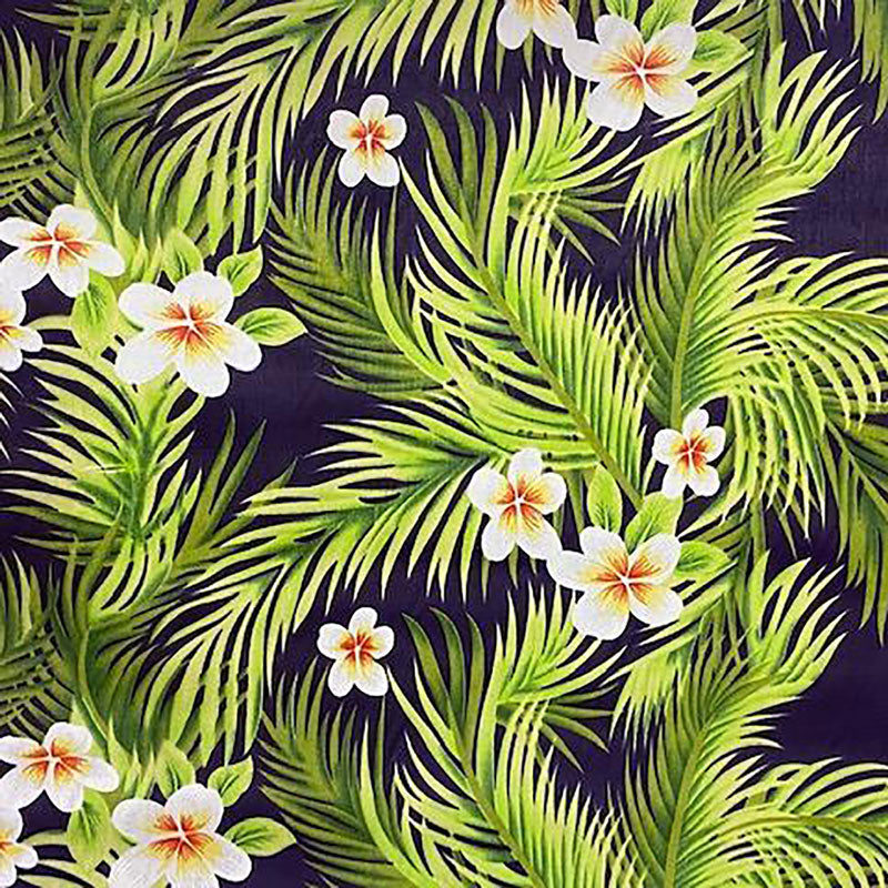 Plumeria Flowers & Palm Leaves | Polyester Fabric Navy Blue