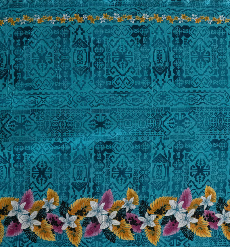 Tropical Flowers and Leaves Double Border | Peachskin Fabric Turquoise