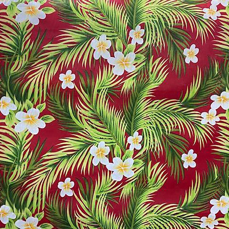 Plumeria Flowers & Palm Leaves | Polyester Fabric Red