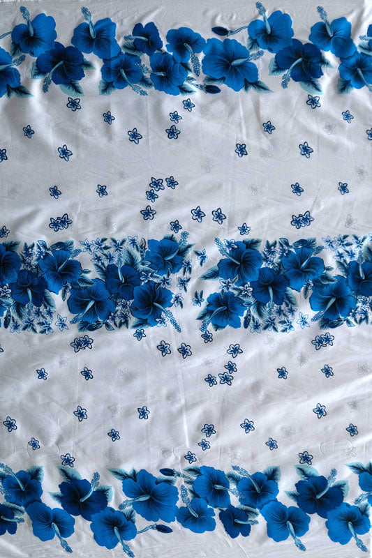 Hibiscus Triple Border | Polyester Fabric  BLue