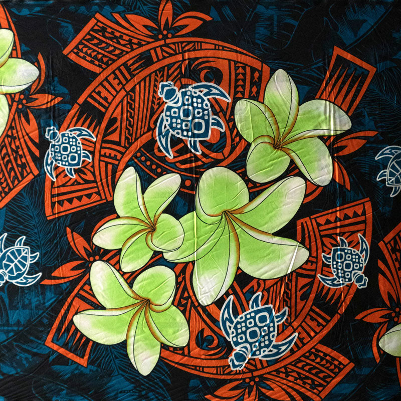 Plumeria Turtles Traditional Tribal design | Peachskin Fabric Teal