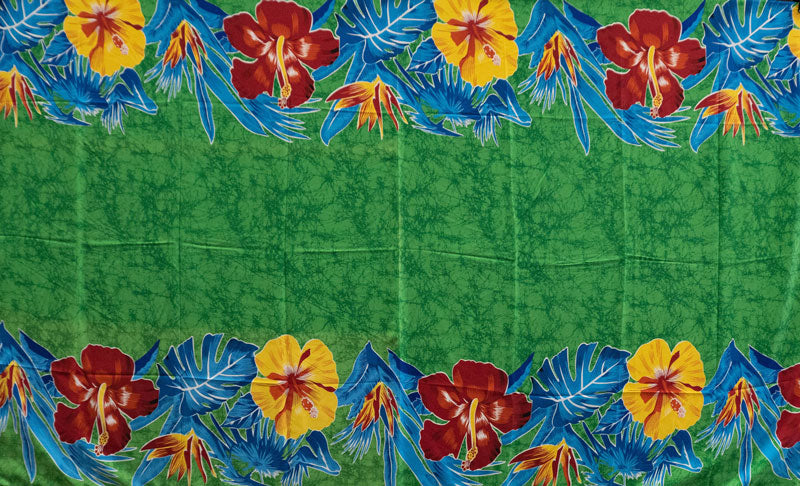 Hibiscus & Tropical Leaves Double Border | Polyester Fabric Green
