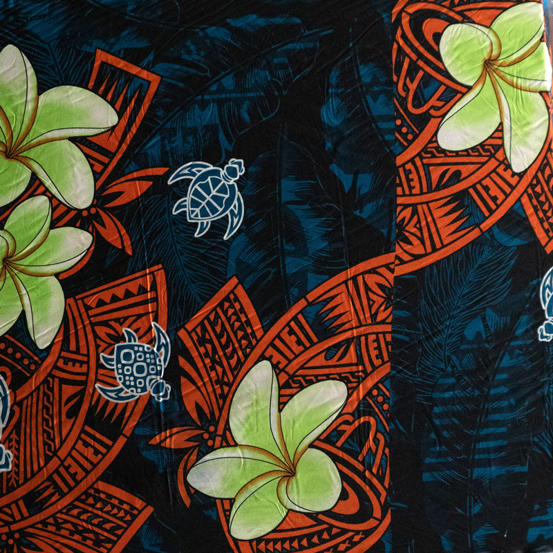 Plumeria Turtles Traditional Tribal design Fabric | Peachskin