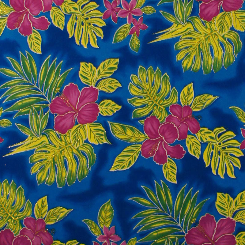 Hibiscus Plumeria Banana Leaves Palm Leaves | Glitter Polyester Fabric Blue