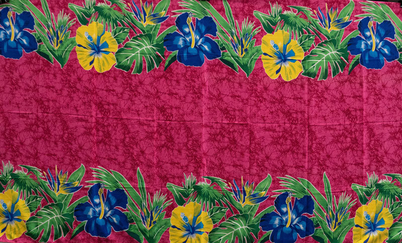 Hibiscus & Tropical Leaves Double Border | Polyester Fabric Red