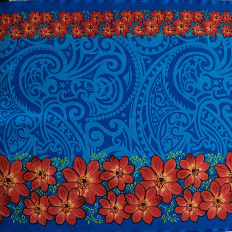 Traditional Polynesian Tattoo Tropical Flowers Double Border | Polyester Fabric Royal