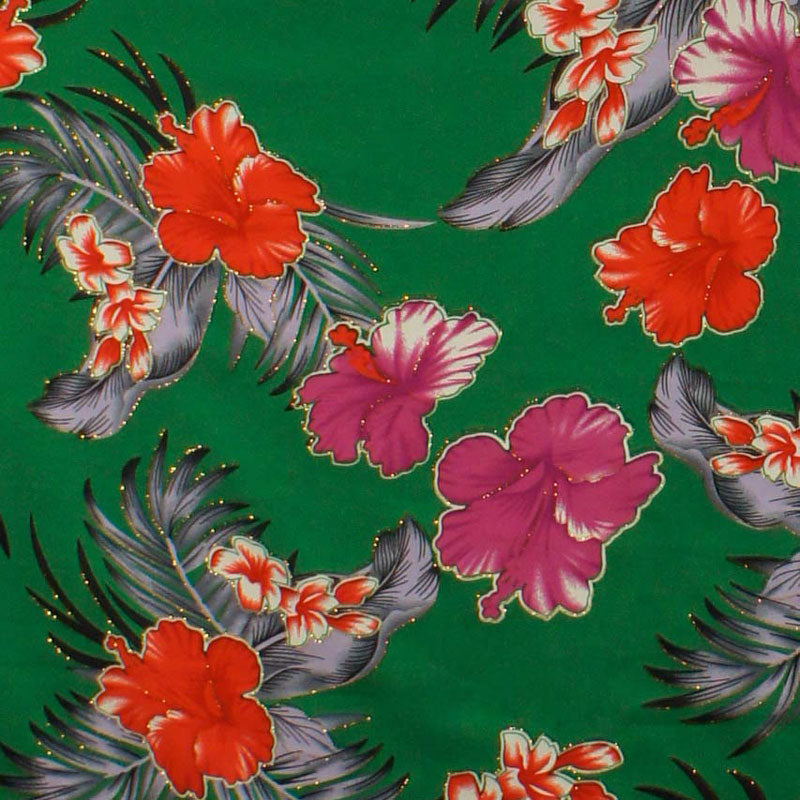 Hibiscus Plumeria Banana Leaves Palm Leaves | Glitter Polyester Fabric Green