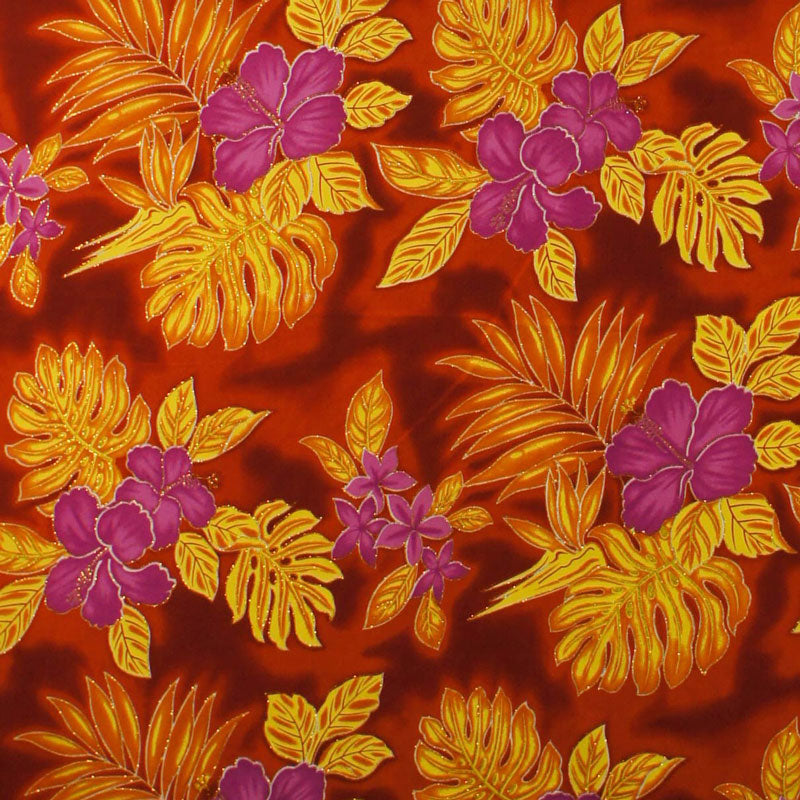 Hibiscus Plumeria Banana Leaves Palm Leaves | Glitter Polyester Fabric Red