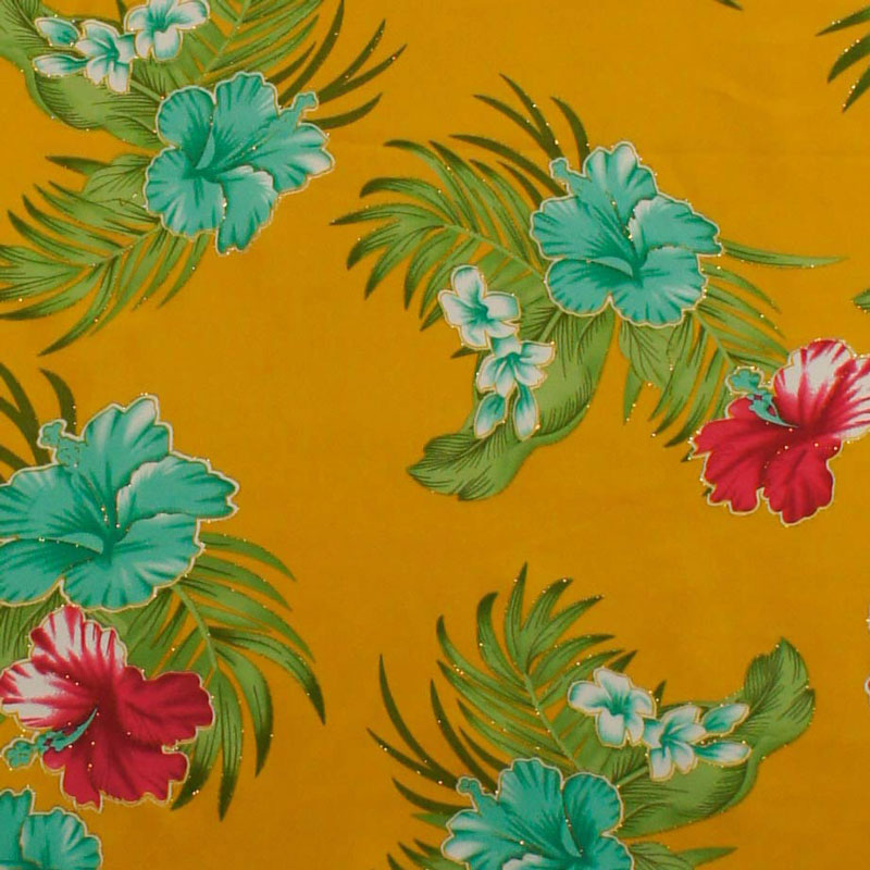 Hibiscus Plumeria Banana Leaves Palm Leaves | Glitter Polyester Fabric Yellow