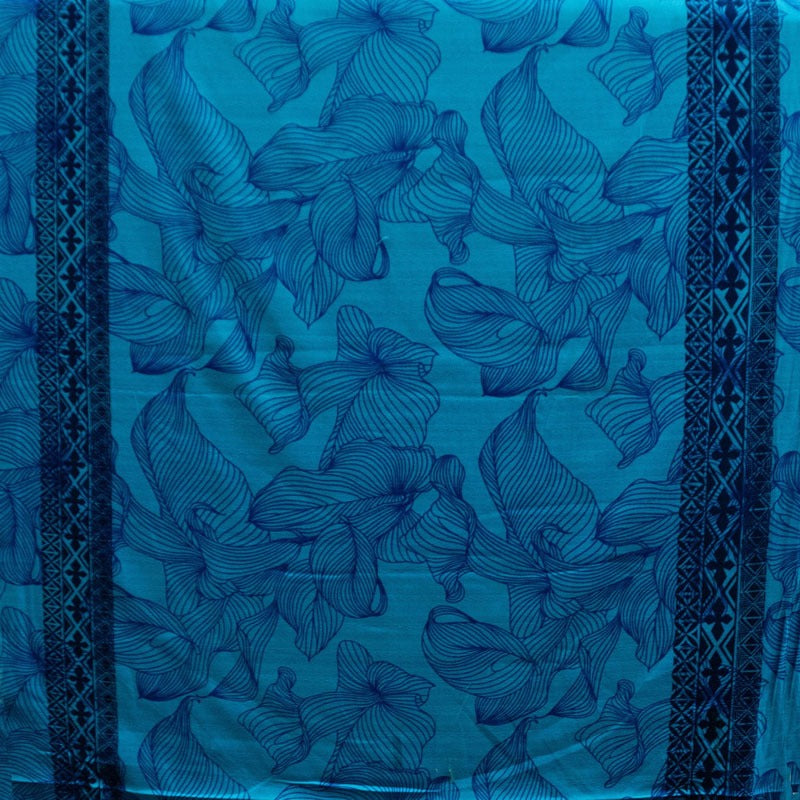 Lily with Tapa Double Border  | Cotton Light Barkcloth Fabric Turquoise