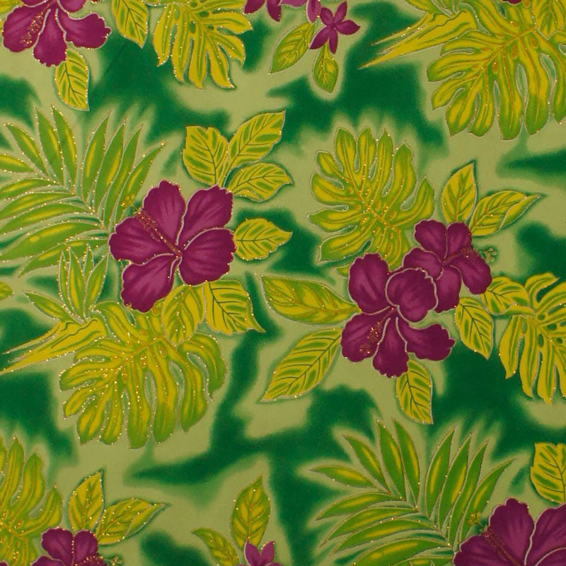 Hibiscus Plumeria Banana Leaves Palm Leaves | Glitter Polyester Fabric Green