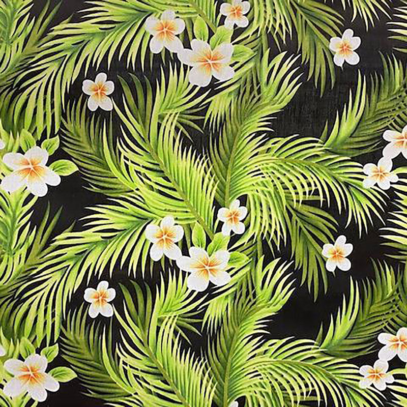 Plumeria Flowers & Palm Leaves | Polyester Fabric Black