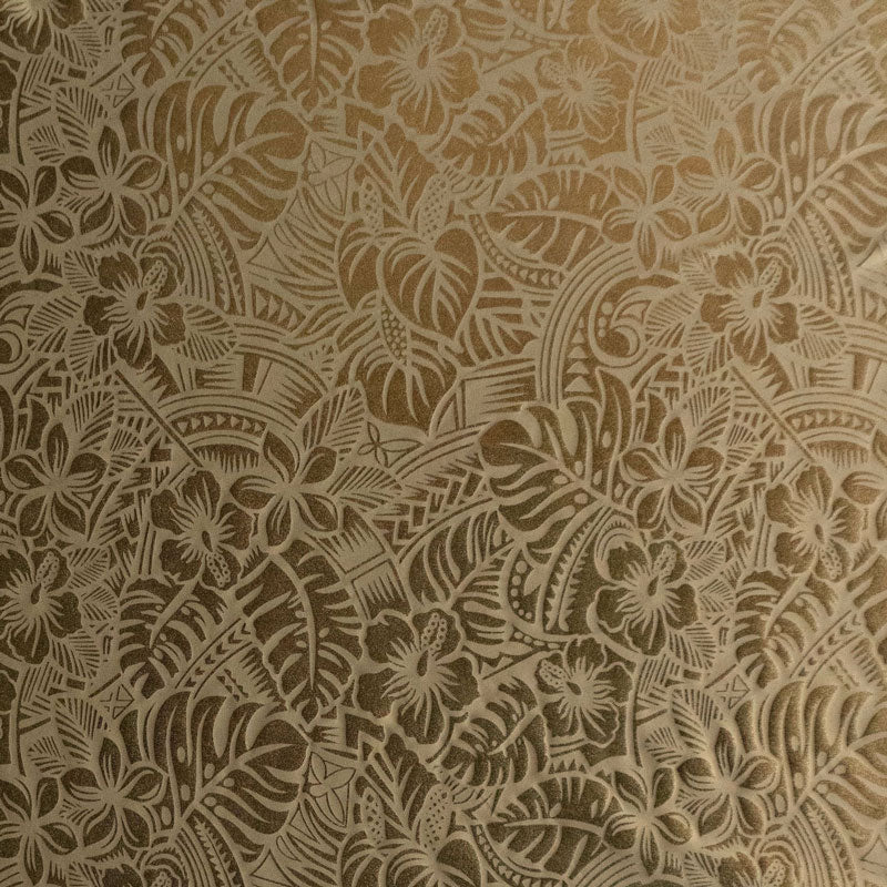 Hibiscus Plumeria Tiare Monstera,Musa Acuminata, Anthurium leaves | Polyester Foil Printed Fabric Beige/Gold