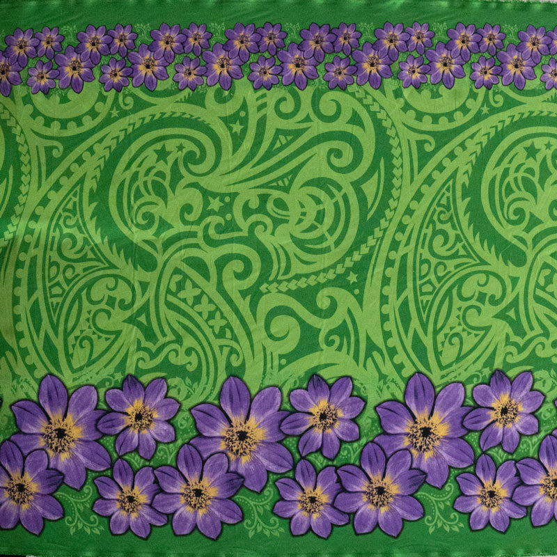 Traditional Polynesian Tattoo Tropical Flowers Double Border | Polyester Fabric Green