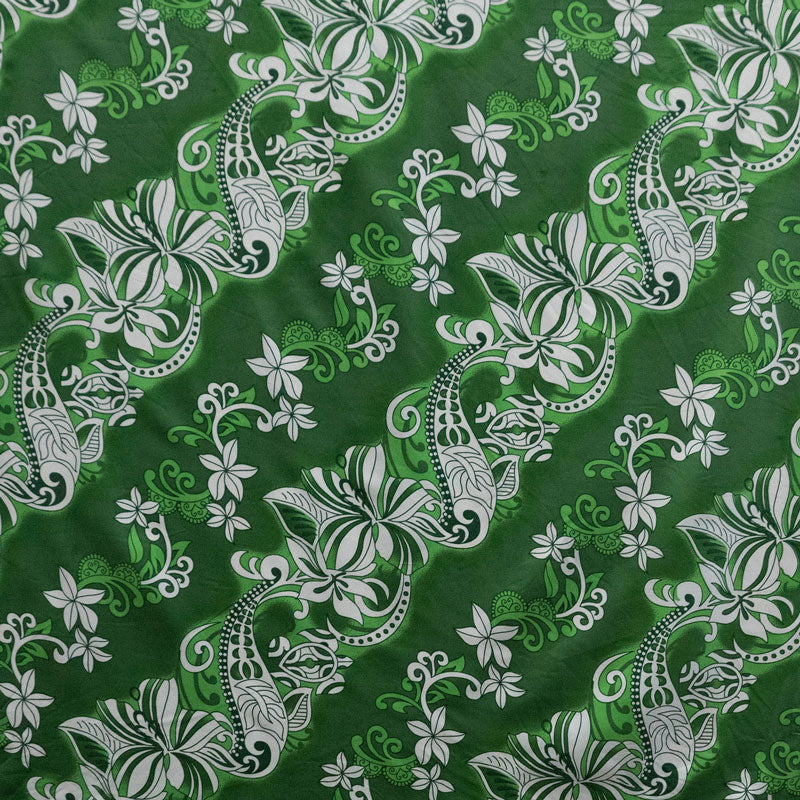 Hibiscus Plumeria Sea Turtle Swirl Design | Polyester Fabric Green