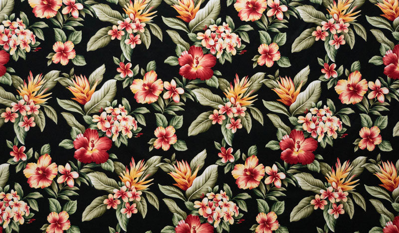Plumeria/Hibiscus/Banana Leaf | Upholstery Fabric Black