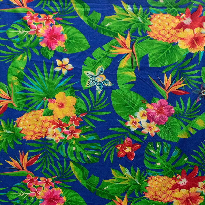 Pineapple/Tropical Flowers & Leaves | Cotton Fabric Royal