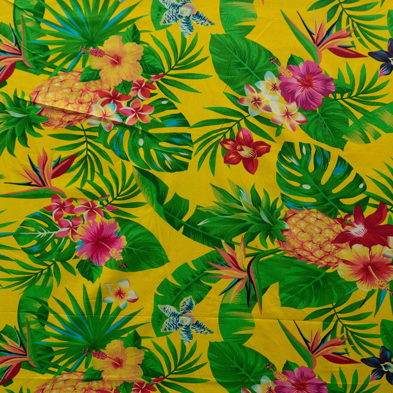 Pineapple/Tropical Flowers & Leaves | Cotton Fabric Yellow