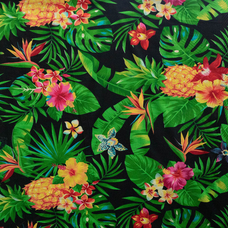 Pineapple/Tropical Flowers & Leaves | Cotton Fabric Black