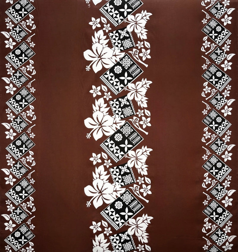 Hibiscus Tropical Leaves w/ Patches of Traditional Tapa Double Border Fabric | Polyester