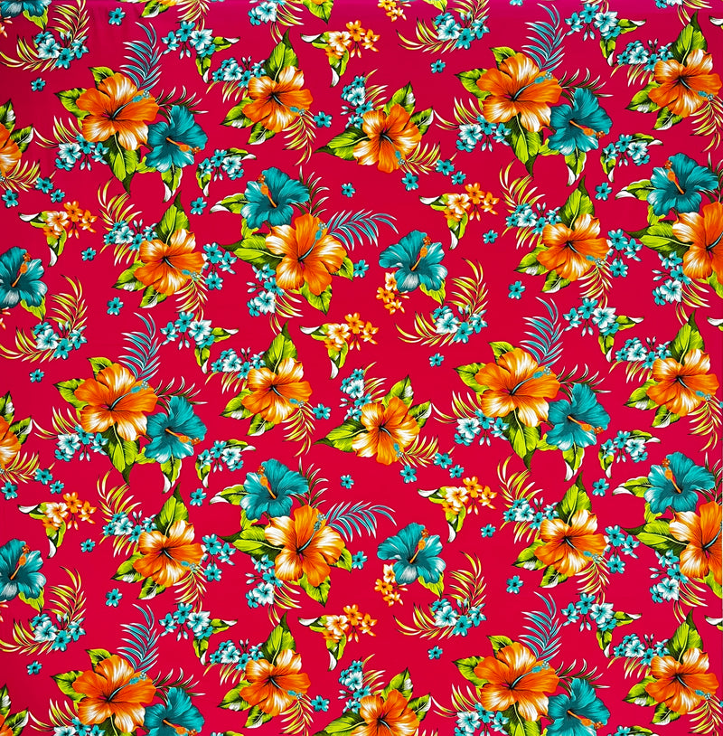Hibiscus Palm Leaves Cluster All Over design Fabric  | Cotton