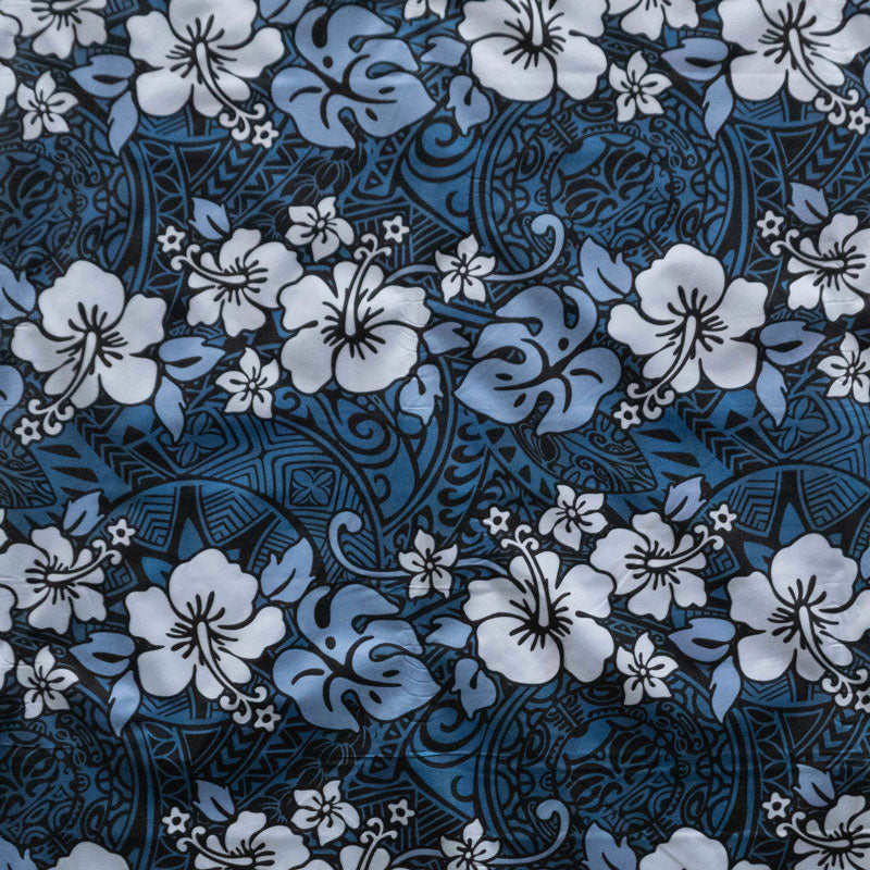 Hibiscus/Plumeria/Monstera Leaf | Polyester Fabric Gray/Light Blue