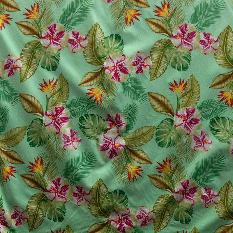 Hibiscus Birds of Paradise Palm Monstera Palm Banana Leaf | Cotton Fabric Green