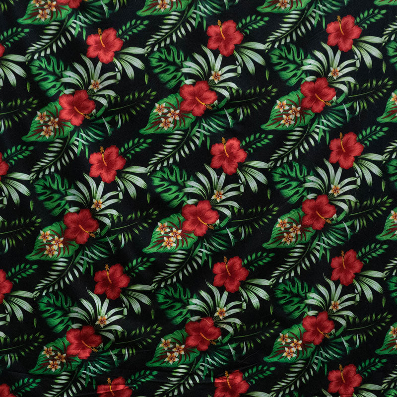 Hibiscus Plumeria Tropical Leaves All Over Design | Cotton Fabric Black/Red