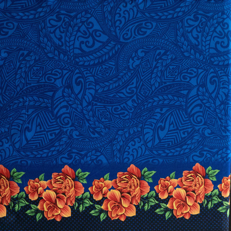 Traditional Polynesian Tattoo Rose Polka Dot border | Polyester Fabric