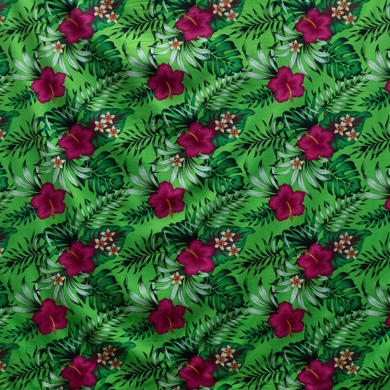 Hibiscus Plumeria Tropical Leaves All Over Design | Cotton Fabric Green