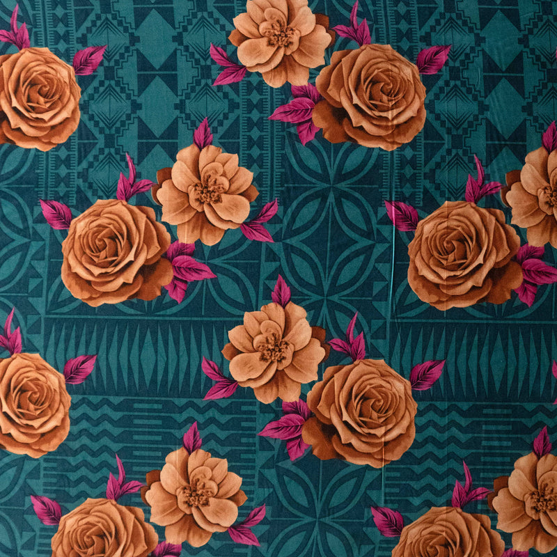 Polynesian Rose Geometric design  | Peachskin Fabric Teal